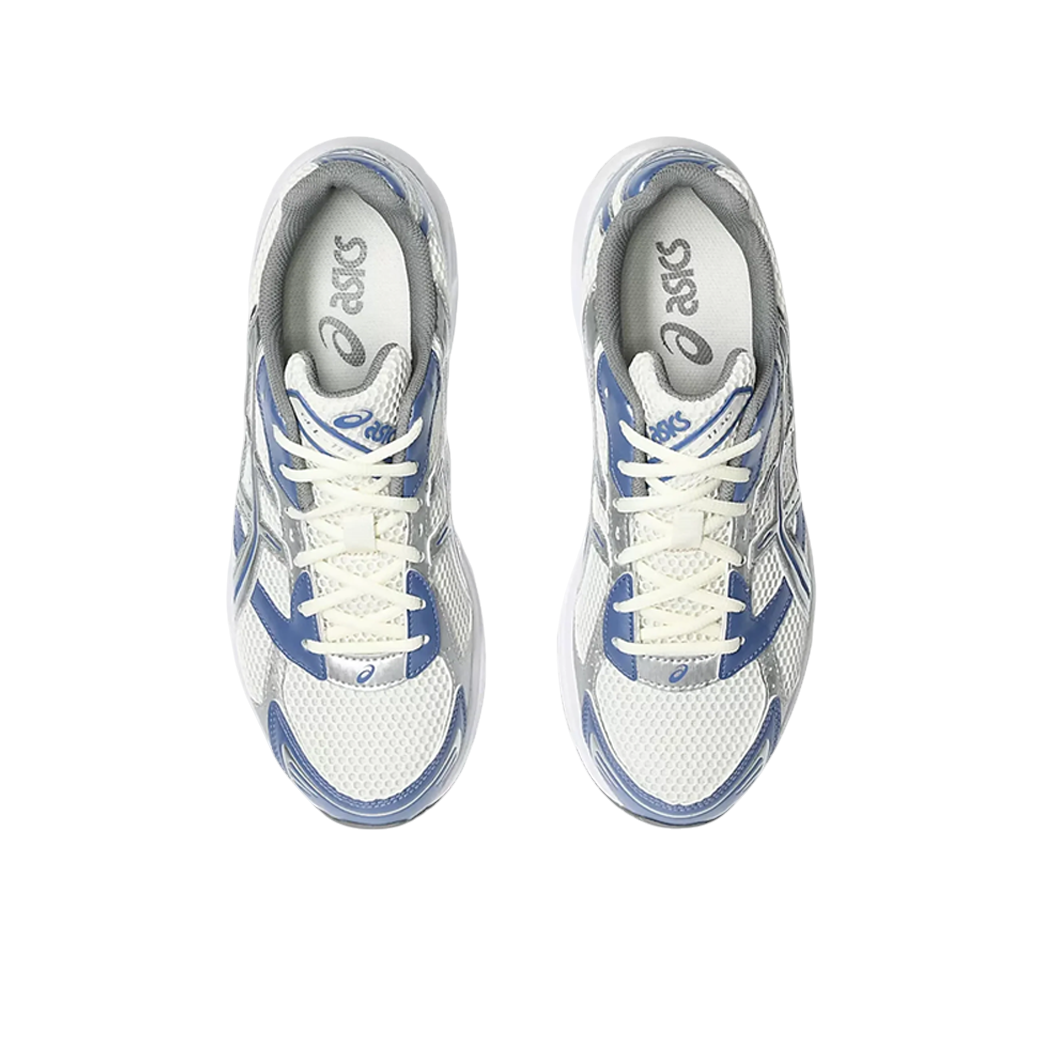 JeevzPlug ASICS Gel-1130 Cream Blueberry sneakers featuring cream mesh and blue synthetic leather top-down view