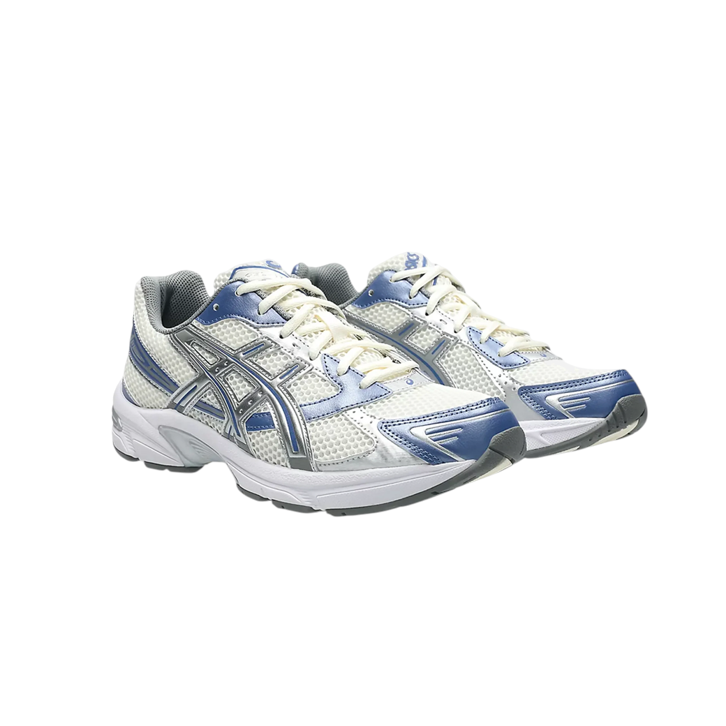 JeevzPlug ASICS Gel-1130 sneakers in cream mesh and blueberry blue synthetic leather with GEL cushioning.