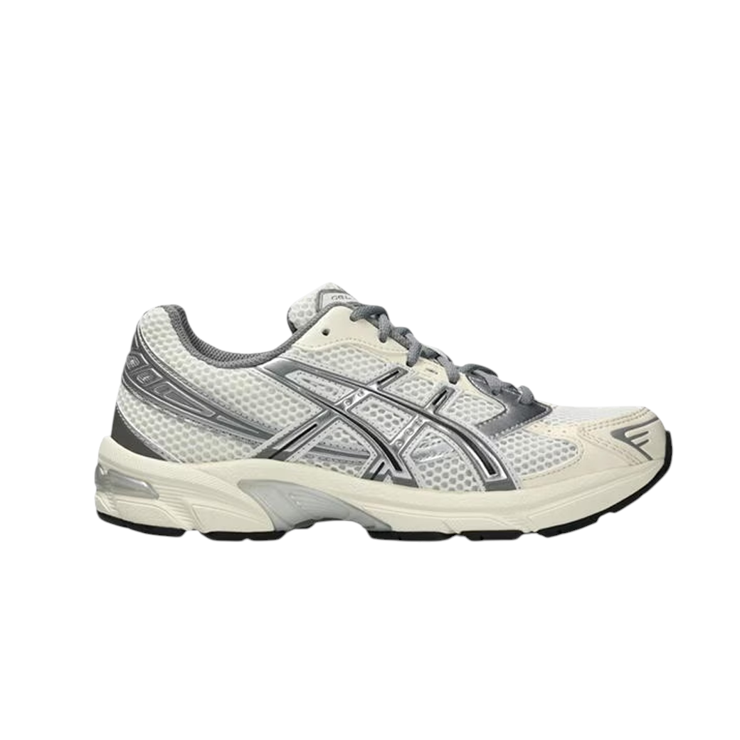 JeevzPlug ASICS Gel-1130 women's sneaker in cream and clay grey with mesh upper and synthetic leather overlays.