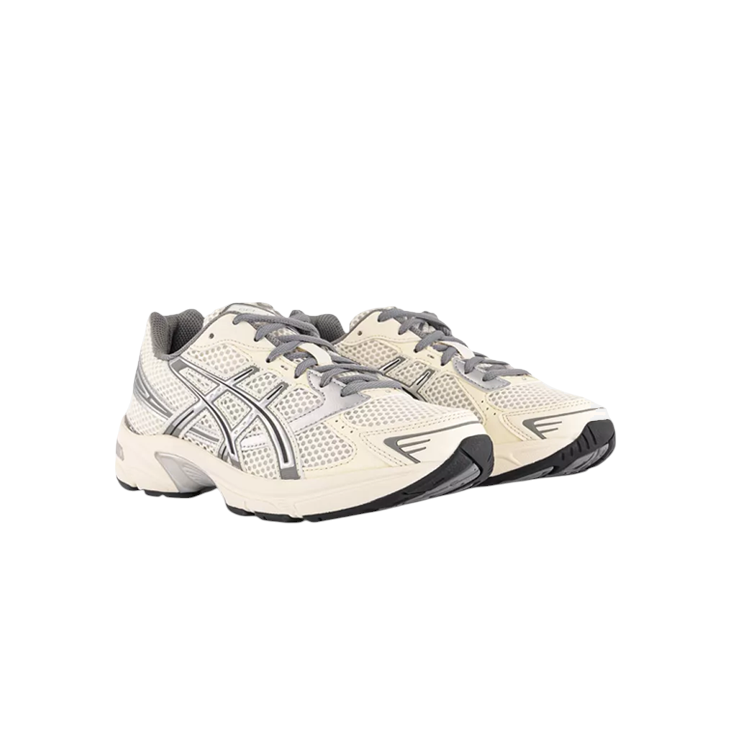 JeevzPlug ASICS Gel-1130 women's sneakers in cream and clay grey with mesh upper and synthetic leather overlays.