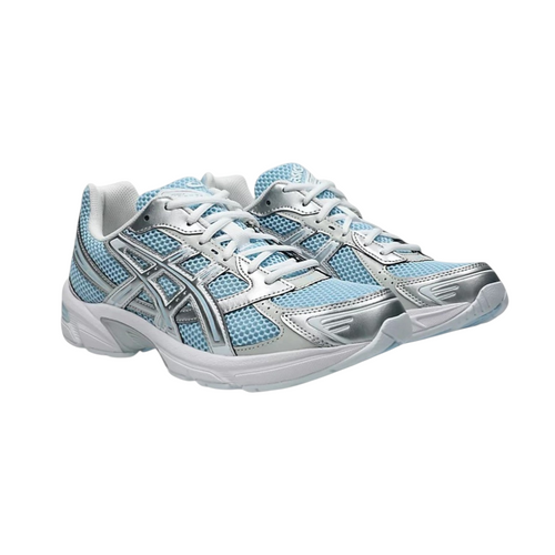 JeevzPlug ASICS Gel-1130 sneakers in faded denim blue mesh with metallic silver overlays and white cushioning soles.