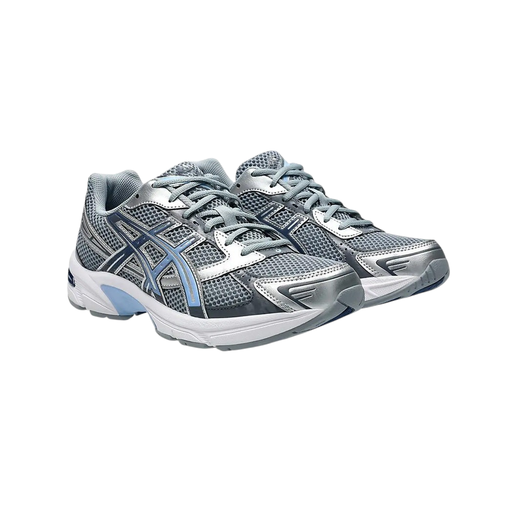 JeevzPlug ASICS Gel-1130 sneakers in gravel grey mesh and metallic silver synthetic overlays with GEL cushioning.
