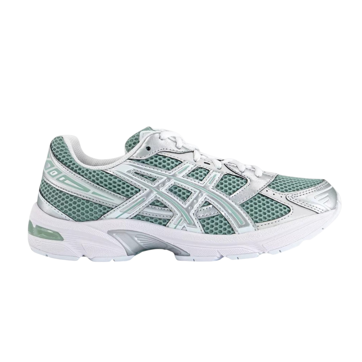 JeevzPlug ASICS Gel-1130 sneaker in verdigris green mesh and pure silver overlays with signature GEL heel cushioning.