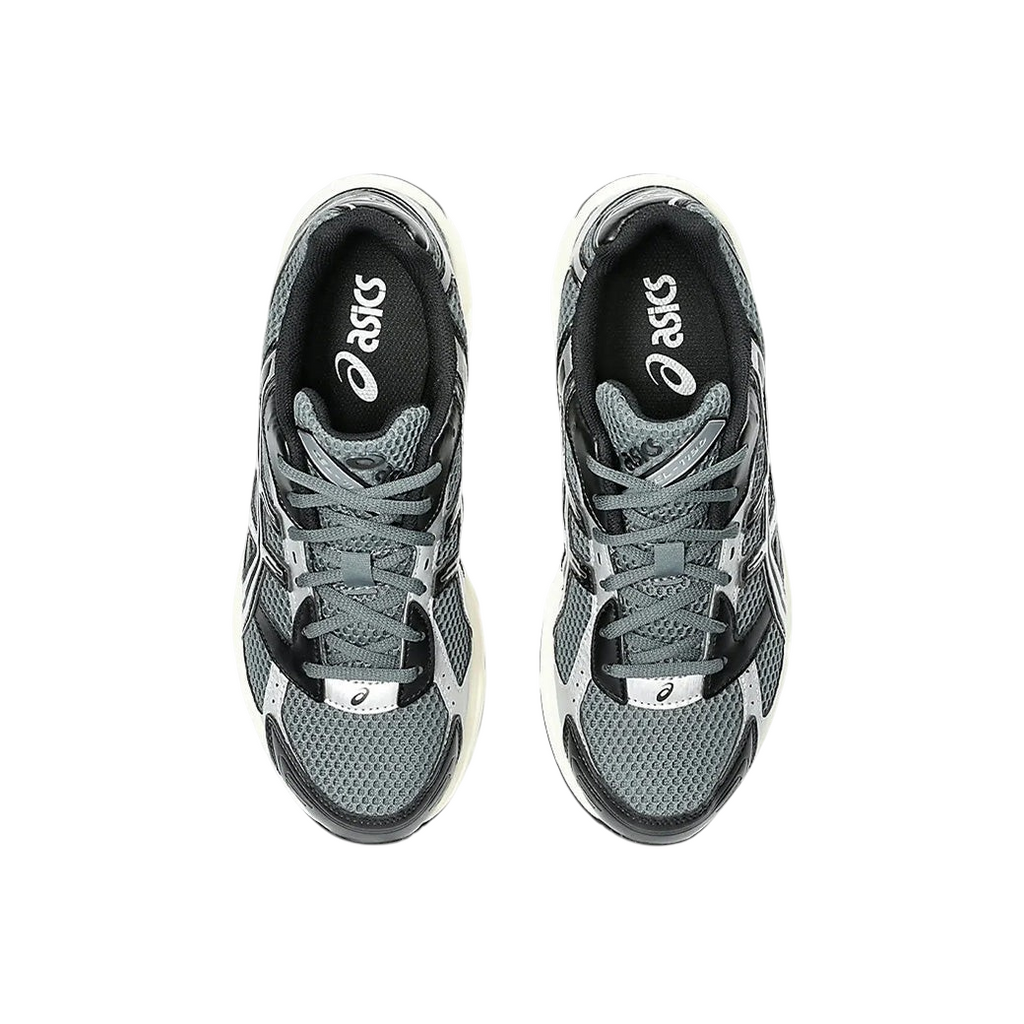 JeevzPlug ASICS Gel-1130 sneakers in steel grey and black mesh with synthetic overlays, top-down view.