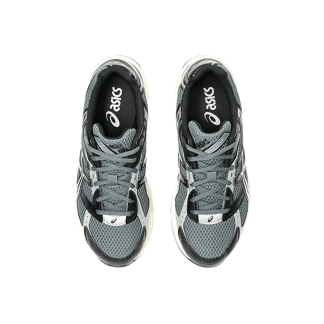 JeevzPlug ASICS Gel-1130 sneakers in steel grey and black mesh with synthetic overlays, top-down view.