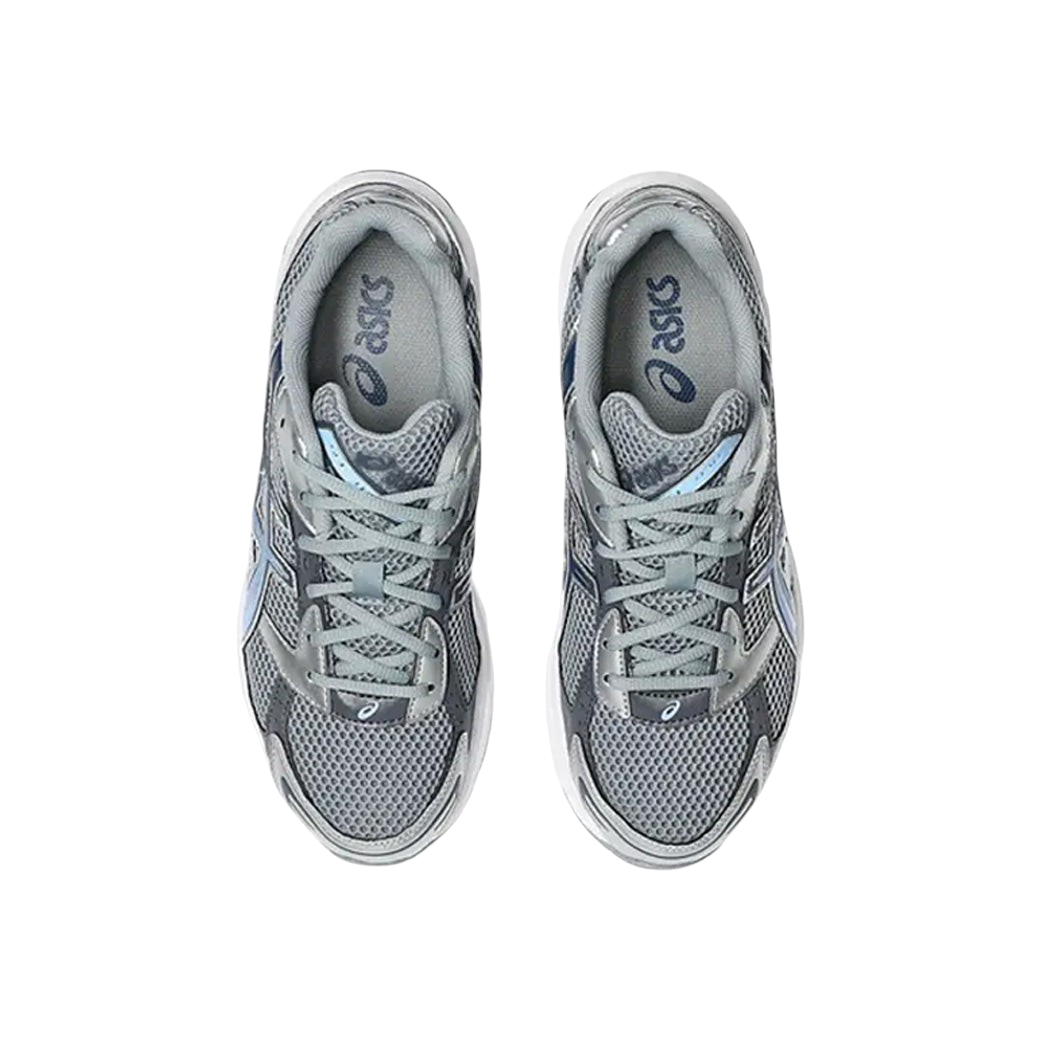Top view of JeevzPlug ASICS Gel-1130 sneakers in gravel grey and metallic silver with breathable mesh and overlays.