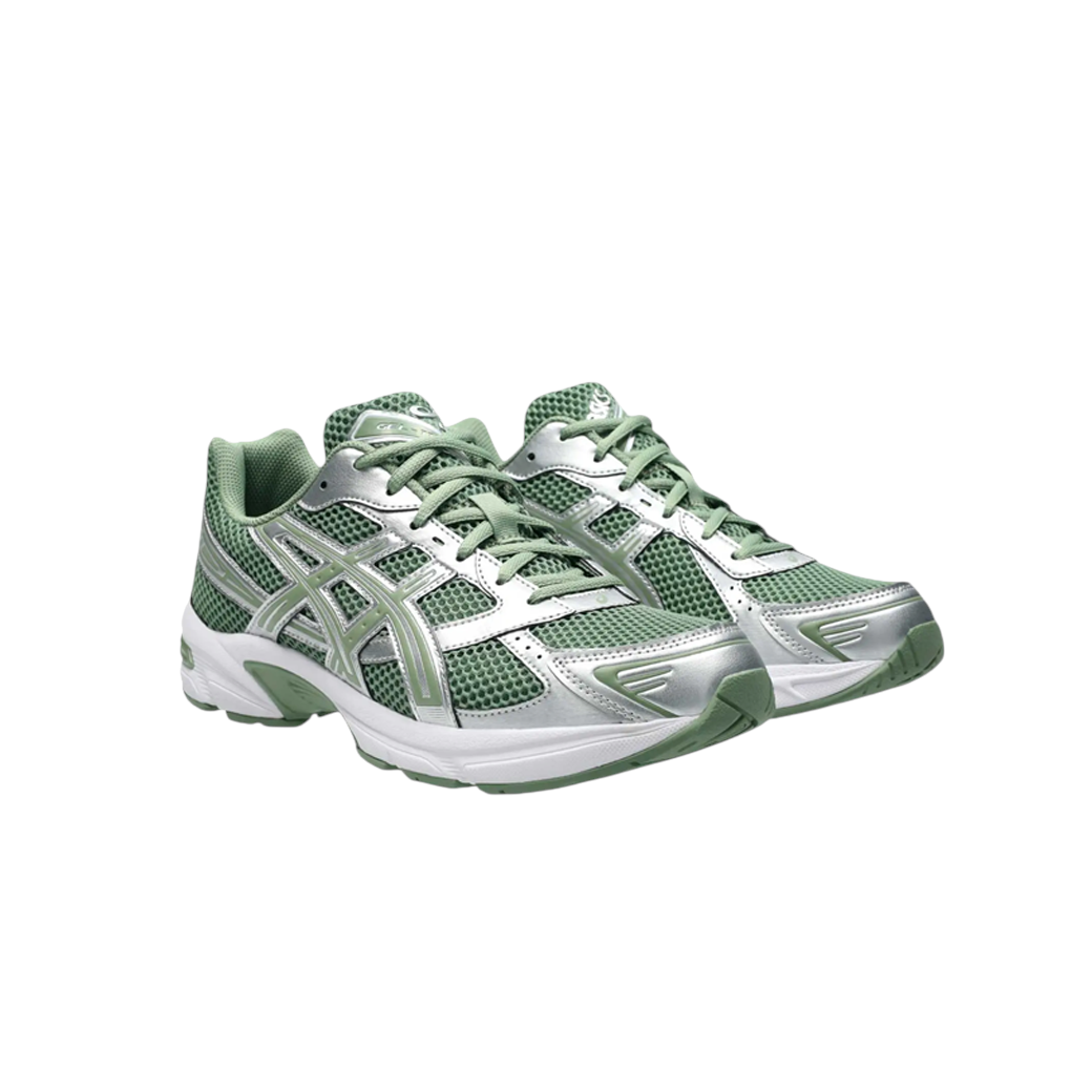 JeevzPlug ASICS Gel-1130 sneakers in swamp olive green and silver with mesh and synthetic leather construction.
