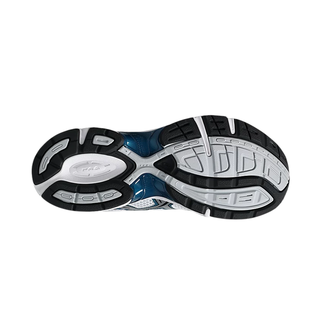 JeevzPlug ASICS Gel-1130 sneaker outsole in white, black, and restful teal with durable rubber tread pattern