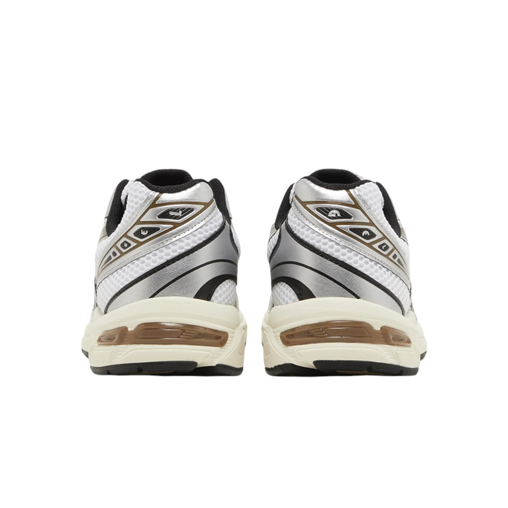 JeevzPlug ASICS Gel-1130 White Clay Canyon sneakers showing the rear view with silver accents and GEL cushioning