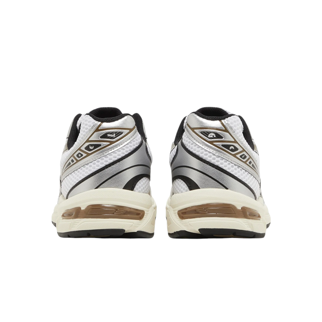 JeevzPlug ASICS Gel-1130 White Clay Canyon sneakers showing the rear view with silver accents and GEL cushioning