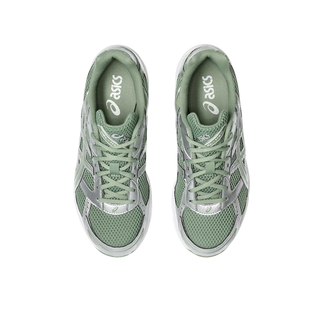 Top view of JeevzPlug ASICS Gel-1130 sneakers in swamp olive green and pure silver with mesh and synthetic overlays.