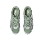 Top view of JeevzPlug ASICS Gel-1130 sneakers in swamp olive green and pure silver with mesh and synthetic overlays.