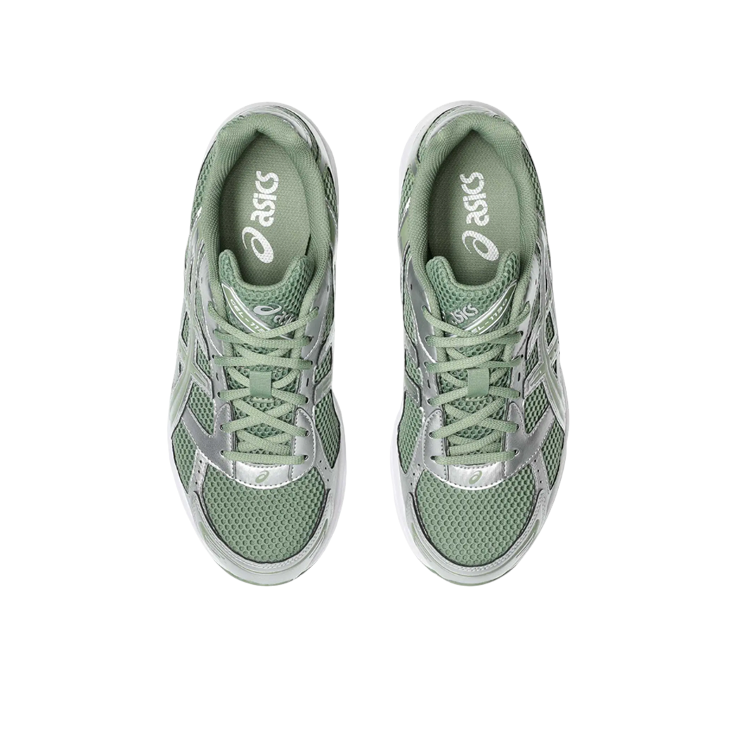 Top view of JeevzPlug ASICS Gel-1130 sneakers in swamp olive green and pure silver with mesh and synthetic overlays.