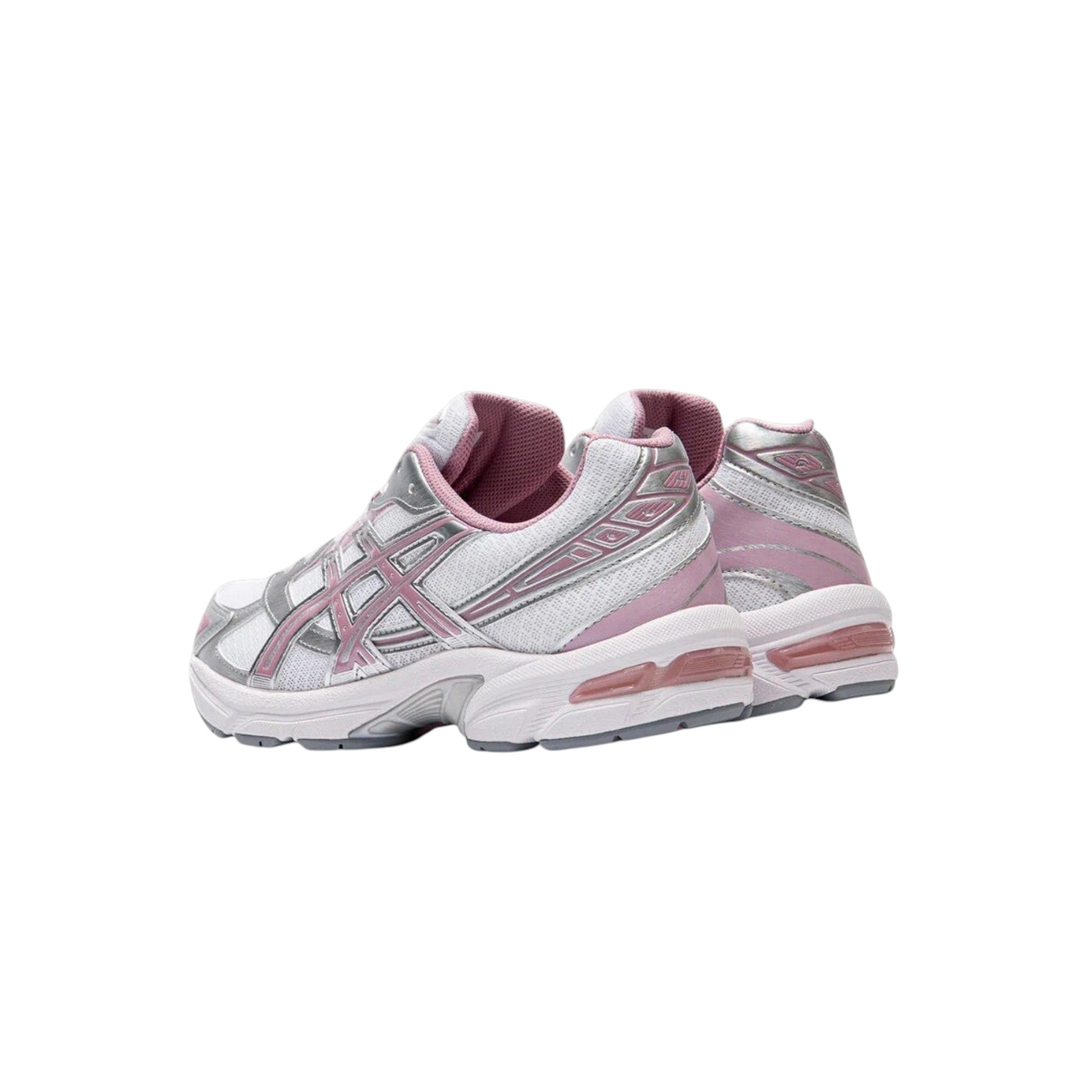 JeevzPlug ASICS Gel 1130 Taro Purple sneakers in white and purple mesh with glossy silver overlays and heel cushioning.