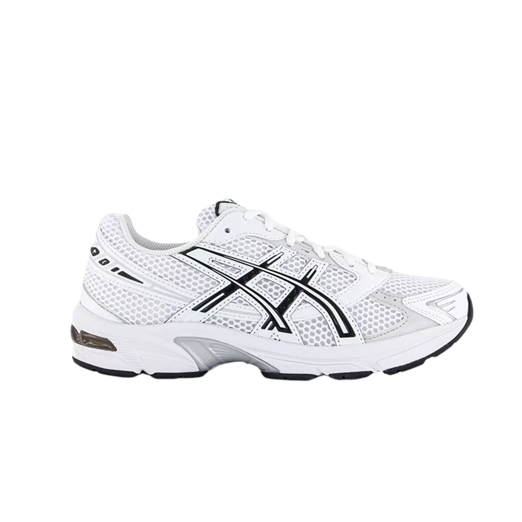 JeevzPlug ASICS Gel-1130 sneaker in white mesh with black accents and synthetic leather overlays, side profile view.