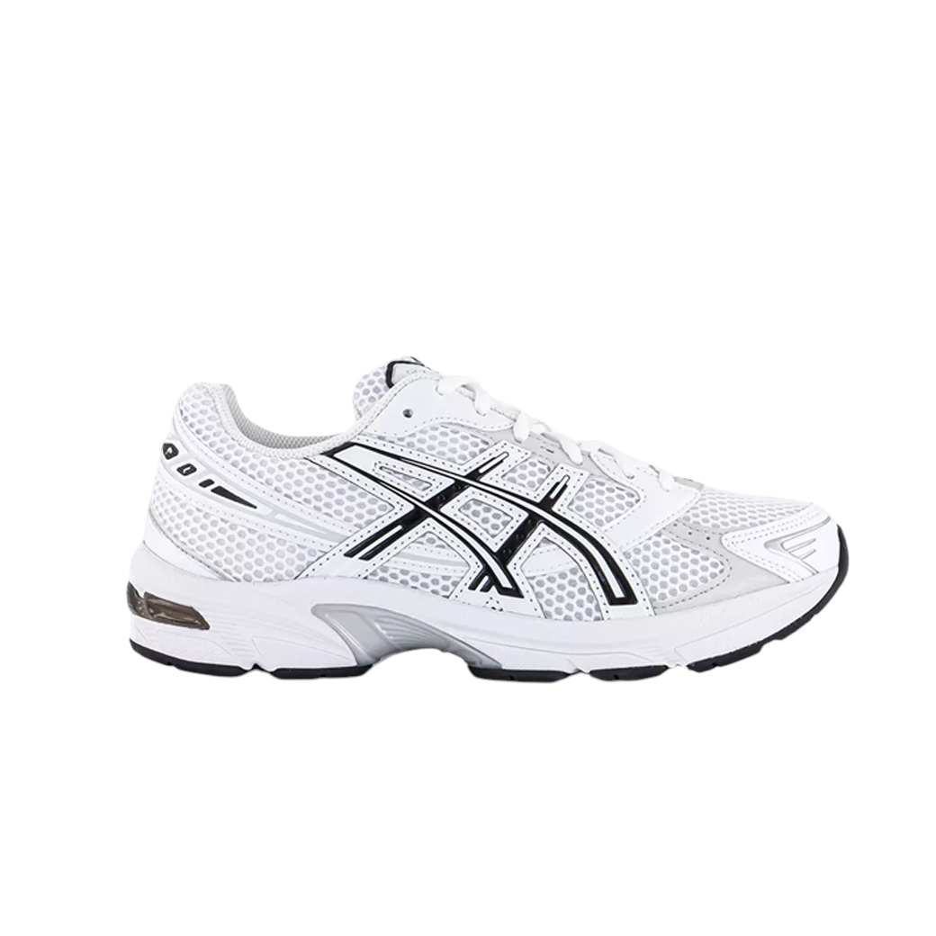JeevzPlug ASICS Gel-1130 sneaker in white mesh with black accents and synthetic leather overlays, side profile view.