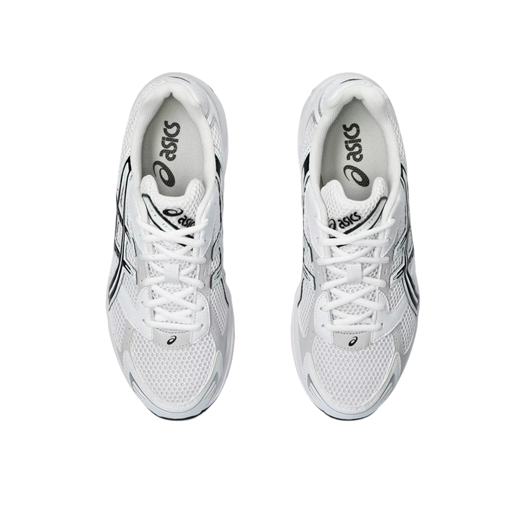 JeevzPlug ASICS Gel-1130 sneakers in white and black with mesh upper and synthetic overlays, top-down view.
