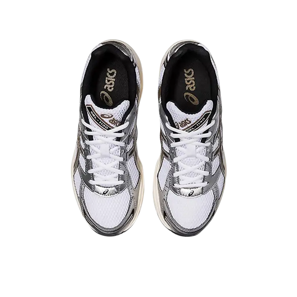 JeevzPlug ASICS Gel-1130 sneakers in white, clay canyon, and silver with synthetic leather panels and GEL cushioning.