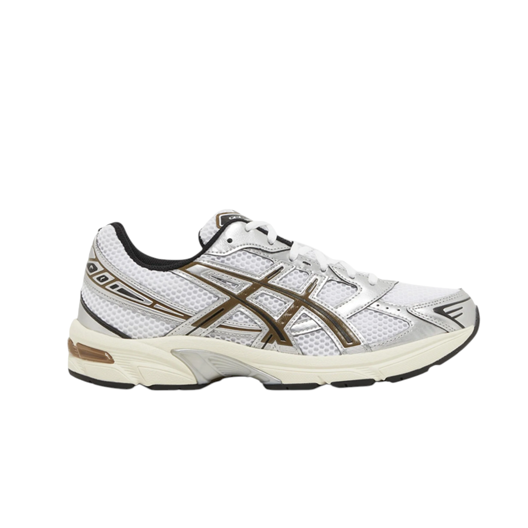 JeevzPlug ASICS Gel-1130 sneaker in white, clay canyon, and silver synthetic leather with GEL cushioning