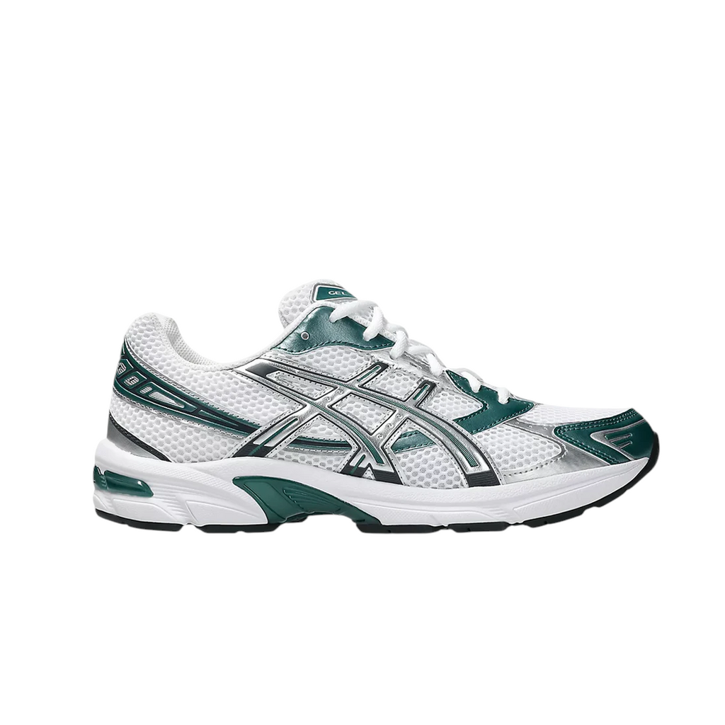 JeevzPlug ASICS Gel-1130 running shoe in white, dark neptune green, and silver with breathable mesh and gel cushioning.