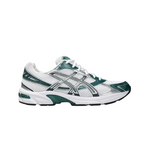 JeevzPlug ASICS Gel-1130 running shoe in white, dark neptune green, and silver with breathable mesh and gel cushioning.