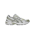 JeevzPlug ASICS Gel-1130 women's sneaker in white and dried leaf green with mesh upper and metallic silver overlays.