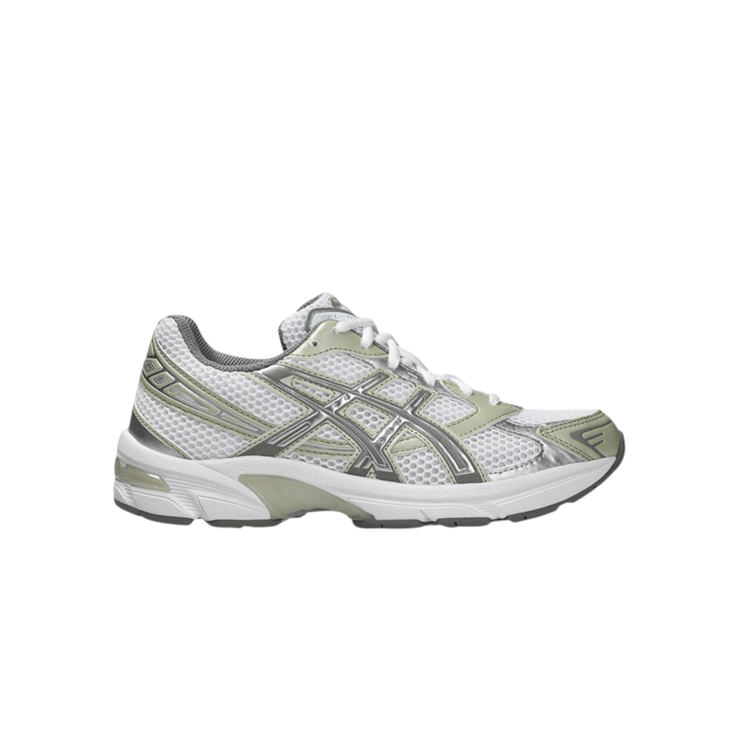 JeevzPlug ASICS Gel-1130 women's sneaker in white and dried leaf green with mesh upper and metallic silver overlays.