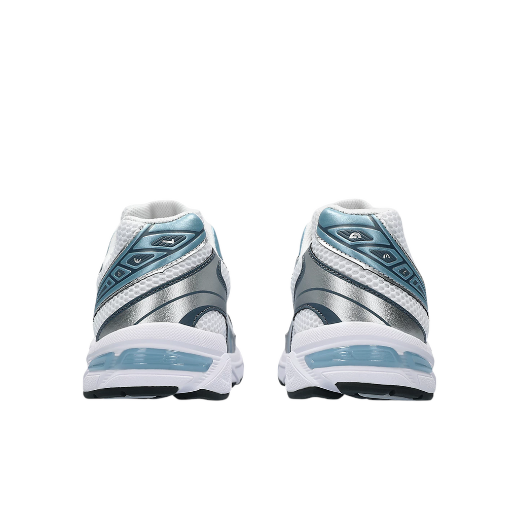 JeevzPlug ASICS Gel-1130 sneakers in white and shark skin blue, showing the rear view with GEL cushioning and mesh.