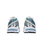 JeevzPlug ASICS Gel-1130 sneakers in white and shark skin blue, showing the rear view with GEL cushioning and mesh.