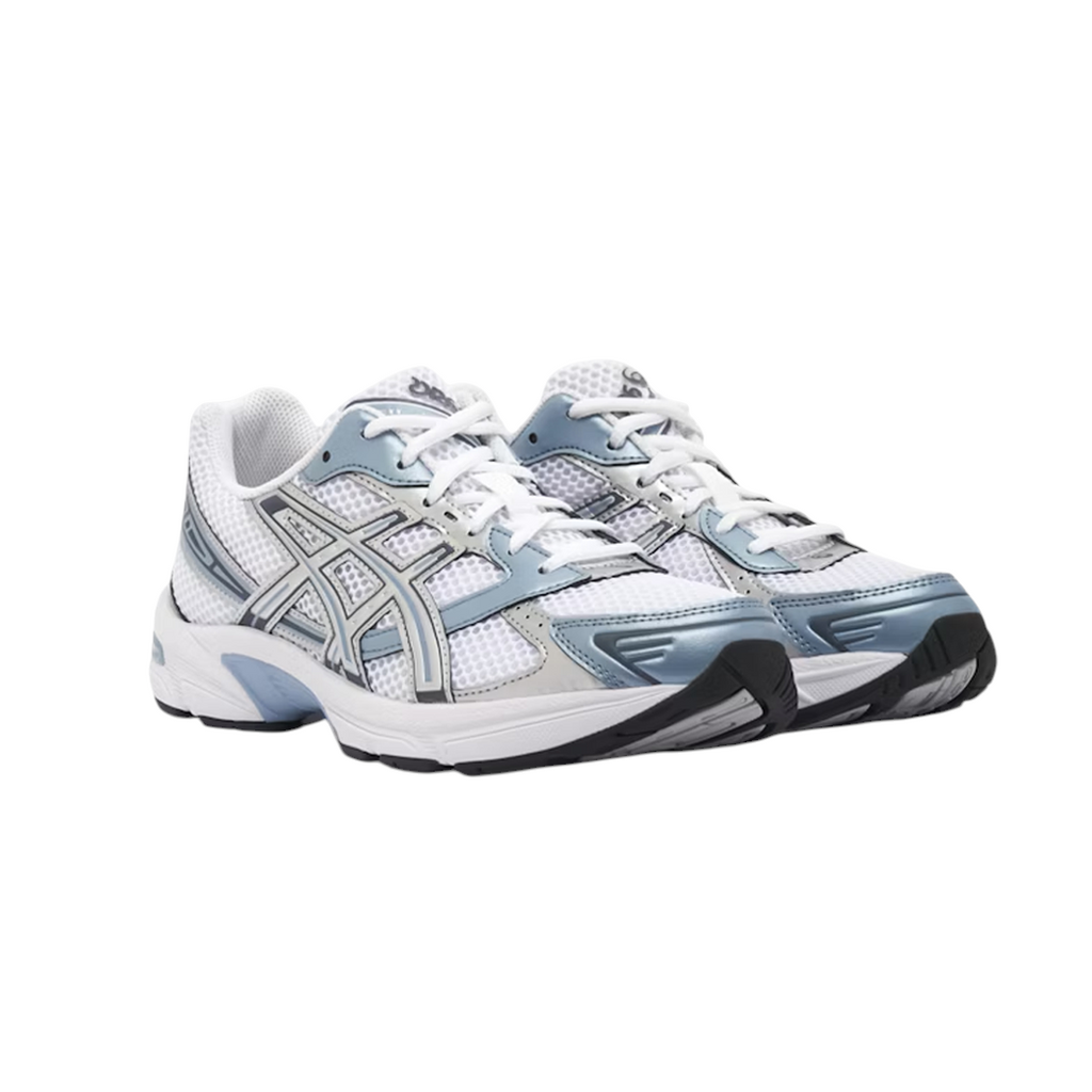 JeevzPlug ASICS Gel-1130 sneakers in white and shark skin blue with mesh upper and GEL cushioning for comfort.