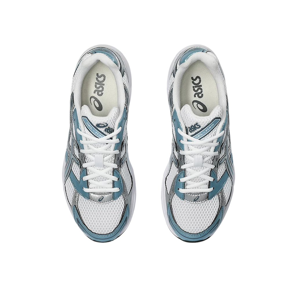 JeevzPlug ASICS Gel-1130 sneakers in white and shark skin blue mesh with top-down view of performance running shoes
