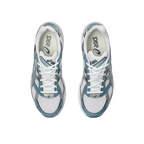 JeevzPlug ASICS Gel-1130 sneakers in white and shark skin blue mesh with top-down view of performance running shoes