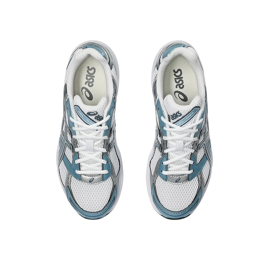 JeevzPlug ASICS Gel-1130 sneakers in white and shark skin blue mesh with top-down view of performance running shoes