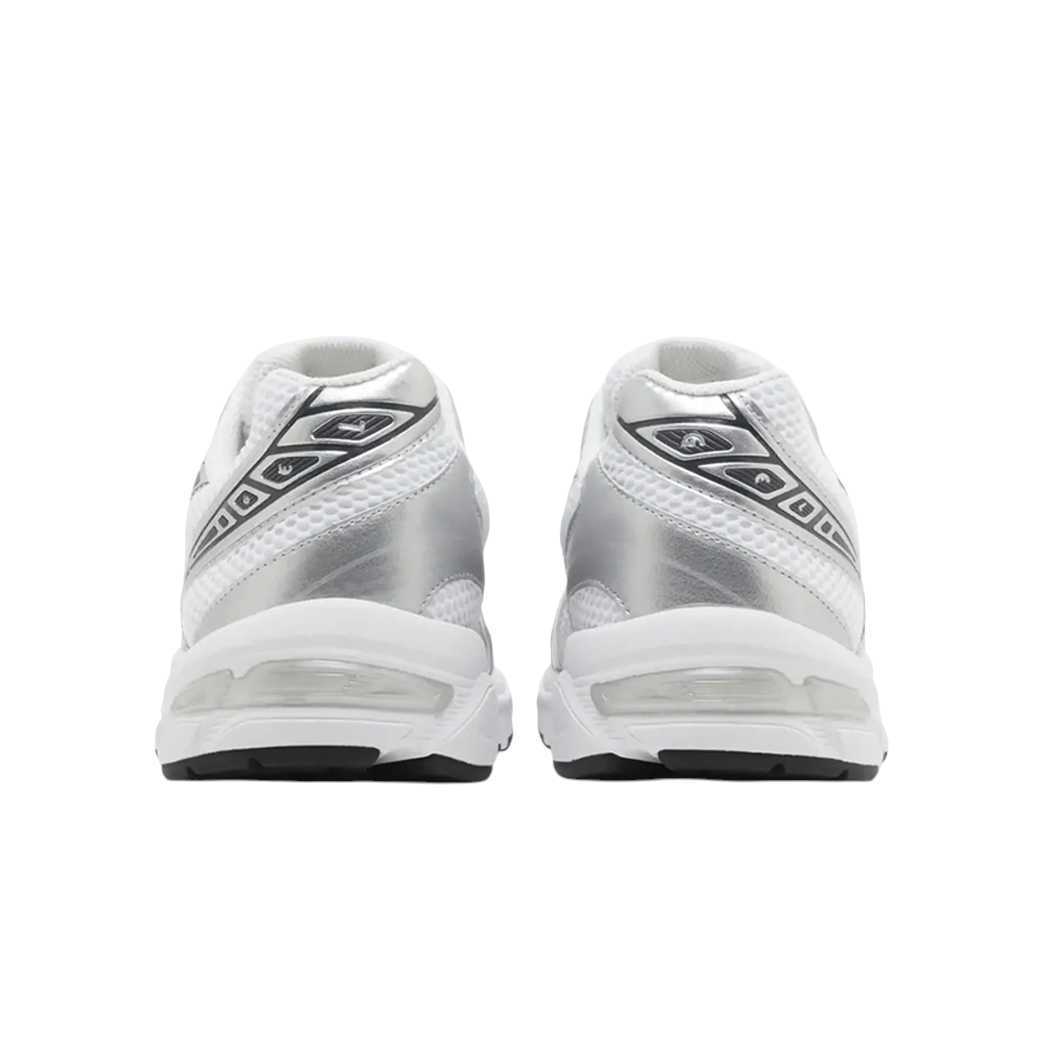 JeevzPlug ASICS Gel-1130 sneakers in white and pure silver, showing a rear view of the retro mesh and leather design.