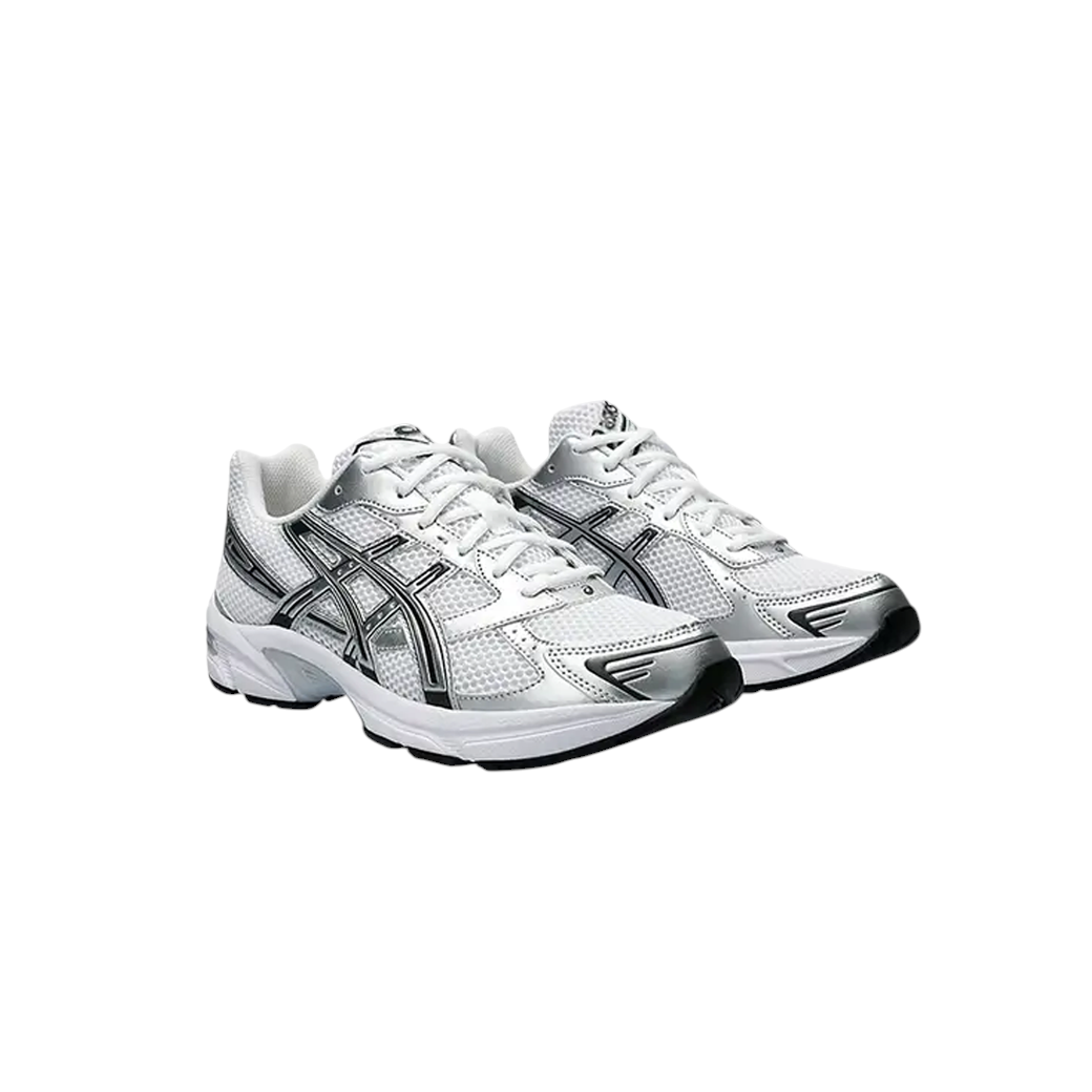JeevzPlug ASICS Gel-1130 retro running sneakers in white and pure silver with mesh and synthetic leather overlays.