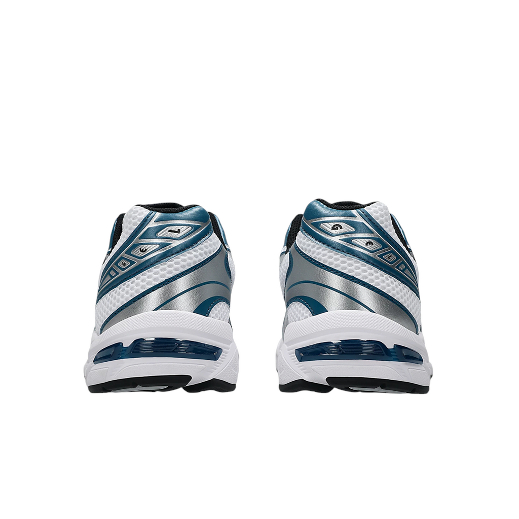 Rear view of JeevzPlug ASICS Gel-1130 sneakers in white and restful teal with metallic silver detailing.