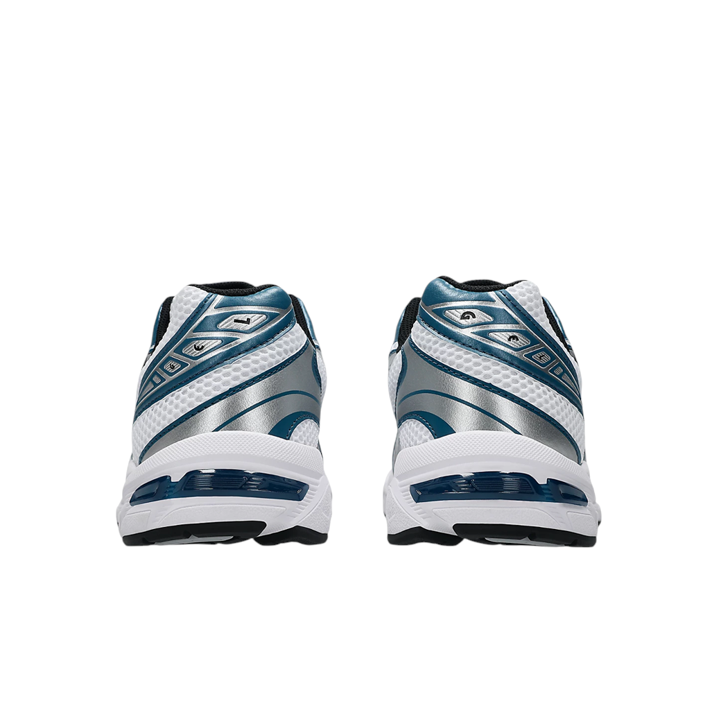 Rear view of JeevzPlug ASICS Gel-1130 sneakers in white and restful teal with metallic silver detailing.