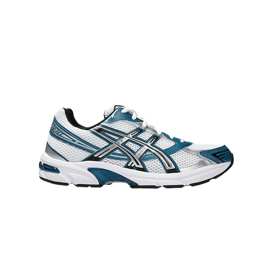 JeevzPlug ASICS Gel-1130 sneaker in white mesh and synthetic leather with restful teal and silver metallic accents