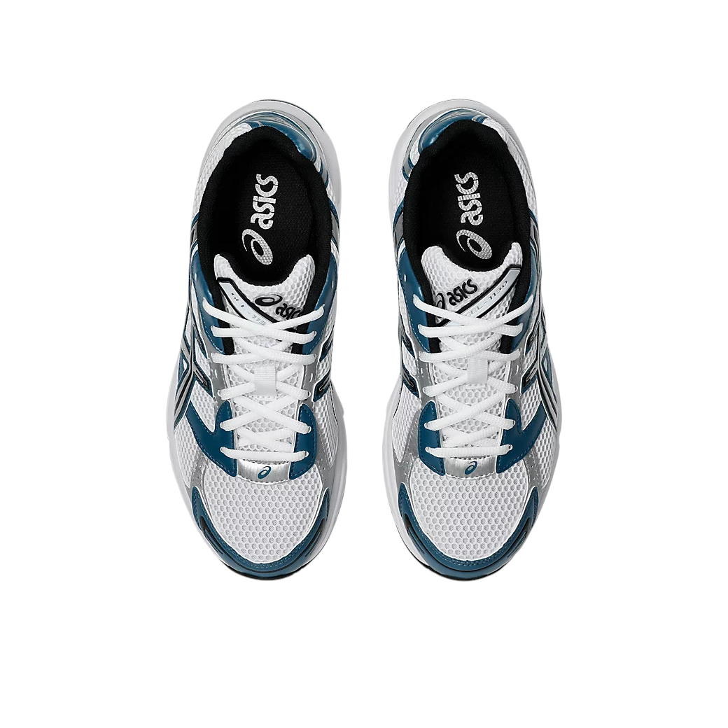 JeevzPlug ASICS Gel-1130 sneakers in white and restful teal with mesh and synthetic leather upper, top-down view.