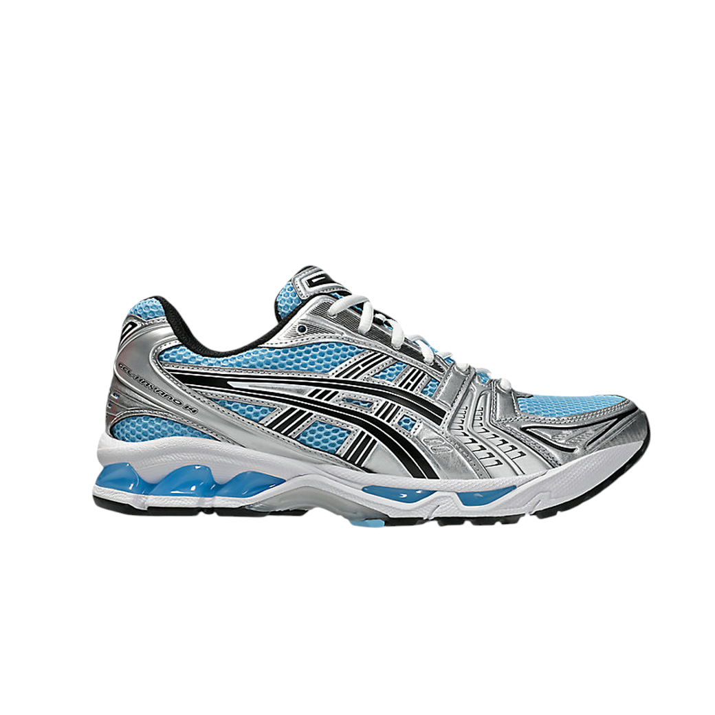 JeevzPlug ASICS Gel-Kayano 14 sneaker in Arctic Sky blue and silver with breathable mesh and synthetic leather overlays.