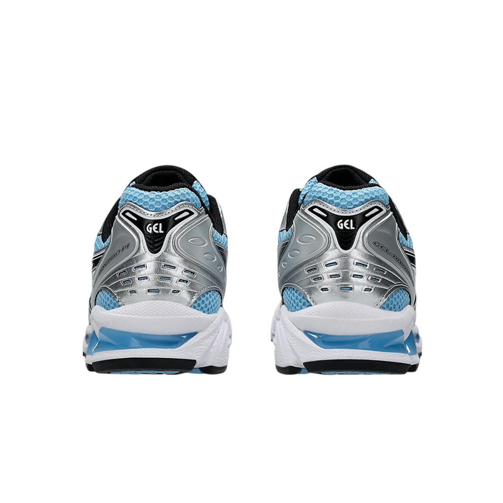JeevzPlug ASICS Gel-Kayano 14 sneakers in Arctic Sky blue and silver, rear view showing GEL cushioning and mesh detail.
