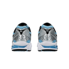 JeevzPlug ASICS Gel-Kayano 14 sneakers in Arctic Sky blue and silver, rear view showing GEL cushioning and mesh detail.