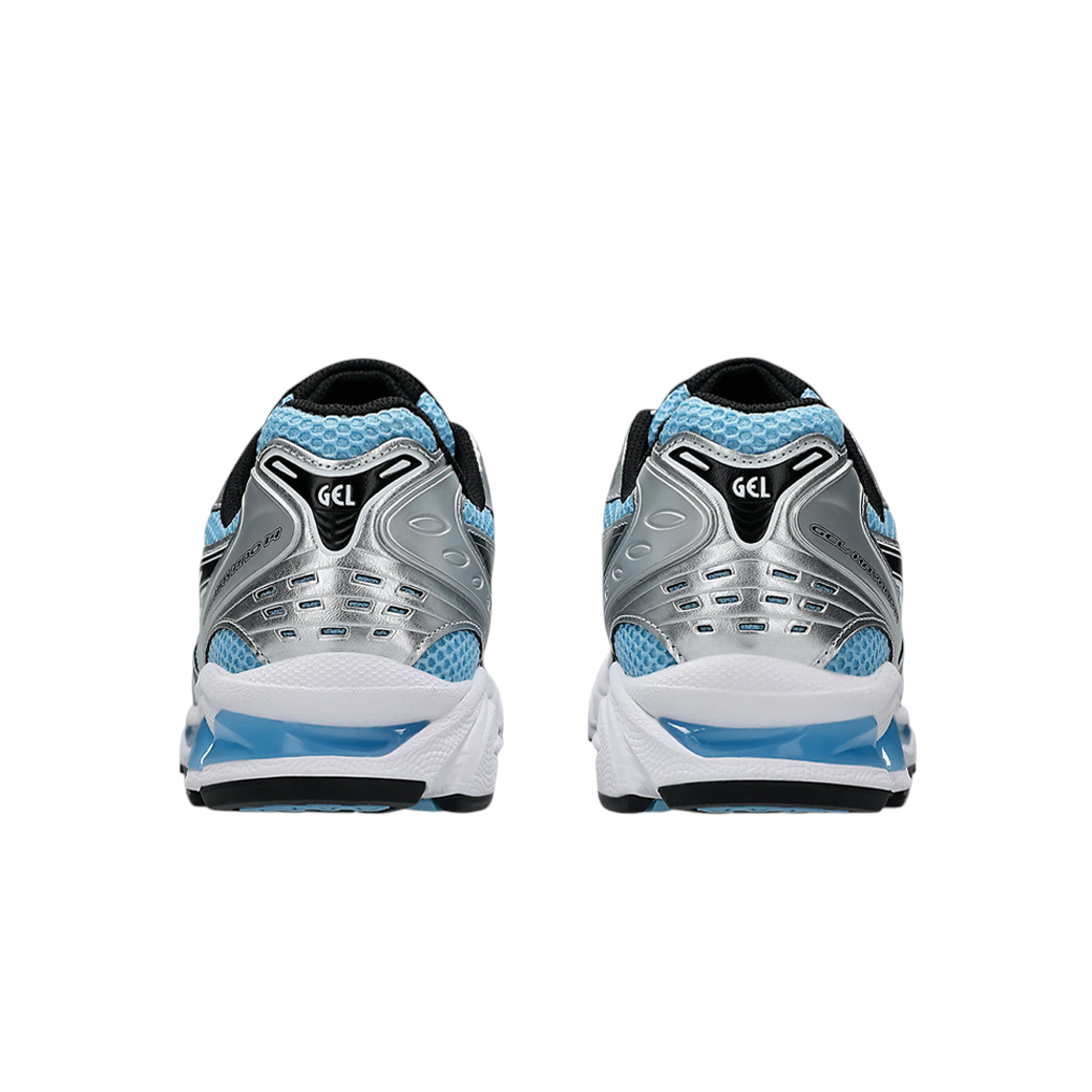 JeevzPlug ASICS Gel-Kayano 14 sneakers in Arctic Sky blue and silver, rear view showing GEL cushioning and mesh detail.