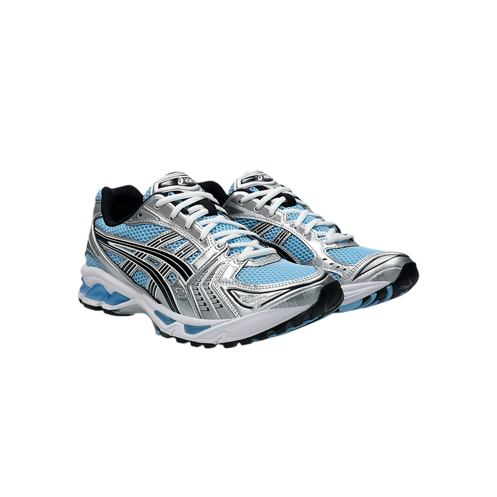 JeevzPlug ASICS Gel-Kayano 14 sneakers in Arctic Sky blue and silver with breathable mesh and synthetic overlays.