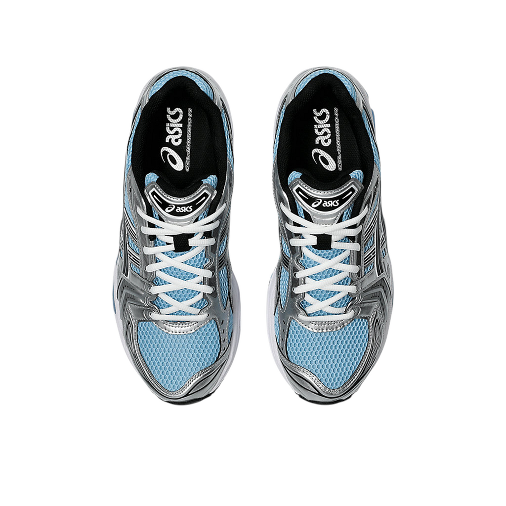 JeevzPlug ASICS Gel-Kayano 14 sneakers in Arctic Sky blue and silver with mesh upper and white laces, top view.