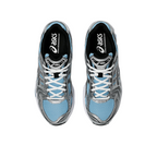 JeevzPlug ASICS Gel-Kayano 14 sneakers in Arctic Sky blue and silver with mesh upper and white laces, top view.