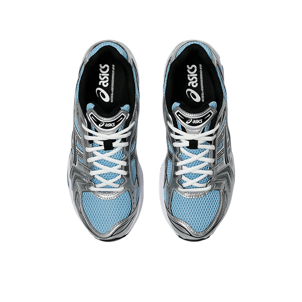 JeevzPlug ASICS Gel-Kayano 14 sneakers in Arctic Sky blue and silver with mesh upper and white laces, top view.