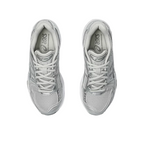 JeevzPlug ASICS Gel-Kayano 14 Cloud Grey women's sneakers featuring breathable mesh and metallic silver overlays.
