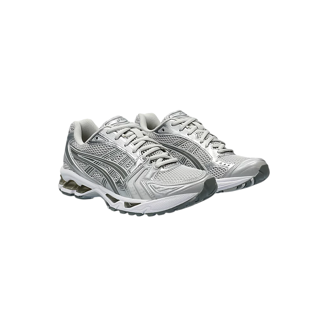 JeevzPlug ASICS Gel-Kayano 14 Cloud Grey women's sneaker with breathable mesh upper and metallic silver overlays.