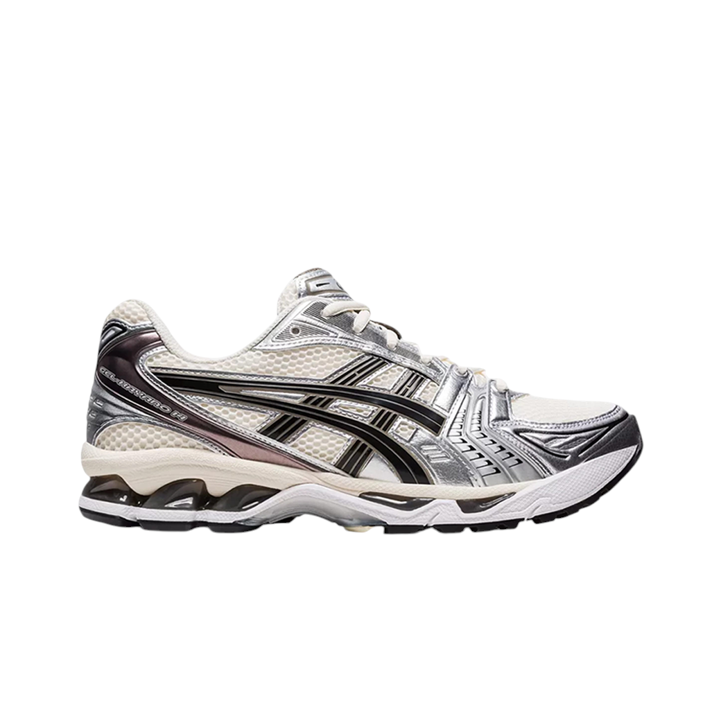 JeevzPlug ASICS Gel-Kayano 14 sneaker in cream, black, and metallic plum with mesh and leather upper